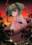  black_sash bucket green_eyes green_hair highres kisume looking_to_the_side medium_hair robe rope sash short_twintails sunset touhou tree twintails white_robe wooden_bucket yoruuta 