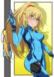  1girl absurdres alternate_costume blonde_hair blue_bodysuit bodysuit breasts cosplay covered_navel gun highres holding holding_gun holding_weapon large_breasts long_hair metroid ponytail railtracer8888 samus_aran samus_aran_(cosplay) shadow shokuhou_misaki skin_tight solo sparkling_eyes star-shaped_pupils star_(symbol) symbol-shaped_pupils toaru_kagaku_no_railgun toaru_majutsu_no_index weapon yellow_eyes zero_suit 