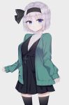  1girl bangs black_dress black_hairband black_legwear blue_eyes closed_mouth dress eyebrows_visible_through_hair green_vest grey_background hairband highres kitty konpaku_youmu long_sleeves shirt short_hair silver_hair simple_background sleeves_past_wrists solo touhou vest white_shirt 