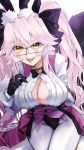  1girl absurdres animal_ear_fluff animal_ears black_bow black_gloves bow breasts cleavage coattails corset fang fate/grand_order fate_(series) fox_tail fumizuki_kazuhito glasses gloves grey-framed_eyewear hair_between_eyes hair_bow highres koyanskaya_(assassin)_(second_ascension)_(fate) koyanskaya_(fate) large_breasts long_hair long_sleeves looking_at_viewer open_clothes open_shirt pantyhose pink_hair rabbit_ears sitting smile solo tail tamamo_(fate) twintails underbust white_pantyhose yellow_eyes 