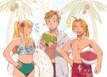  1girl 2boys :3 :d ^_^ ahoge alphonse_elric ball beachball bikini black_shorts blonde_hair blush closed_eyes closed_mouth coconut cowboy_shot drinking_straw edward_elric food fruit fruit_cup fullmetal_alchemist green_bikini highres holding holding_ball holding_food holding_fruit holding_innertube innertube jacket laughing long_hair multiple_boys palm_tree ponytail raicchi_(raicchi96) red_shorts short_hair shorts smile star_(symbol) swimsuit tree v-shaped_eyebrows white_bikini white_jacket winry_rockbell 