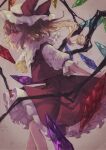  1girl ascot blonde_hair cowboy_shot crystal_wings dress flandre_scarlet from_side hat hat_ribbon highres mare_(shiori_3021) puffy_short_sleeves puffy_sleeves red_dress red_eyes red_ribbon ribbon short_sleeves simple_background solo touhou white_background white_mob_cap yellow_ascot 
