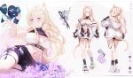  1girl :t animal_ear_fluff animal_ears arms_at_sides bandeau bare_shoulders black_jacket black_shorts black_socks blonde_hair blush breasts cat_ears cat_girl cat_tail character_request cleavage closed_mouth color_guide dot_nose floating_hair flower hair_between_eyes hair_flower hair_ornament hand_on_own_chest highres hip_vent hood hood_down hooded_jacket huge_breasts indie_virtual_youtuber jacket kagefumi letterboxed long_hair long_sleeves looking_at_viewer mole mole_on_breast multicolored_clothes multicolored_jacket multiple_views navel off_shoulder open_clothes open_jacket pout purple_eyes reference_sheet scissors shoes short_shorts shorts sidelocks smile socks stomach tail thigh_strap turnaround two-tone_jacket wavy_hair white_bandeau white_flower white_footwear white_jacket 