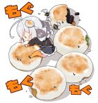  1girl absurdres antenna_hair black_dress black_jacket dress eating food food-themed_hair_ornament grey_hair hair_ornament highres jacket kizuna_akari long_hair long_sleeves milkpanda orange_thighhighs simple_background solo striped_clothes striped_thighhighs thighhighs twintails vertical-striped_clothes vertical-striped_thighhighs voiceroid white_background 