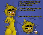  animatronic anthro avian bird black_eyes breasts chica_(fnaf) chicken dialogue digital_drawing_(artwork) digital_media_(artwork) eating english_text eyebrows female five_nights_at_freddy&#039;s food galliform gallus_(genus) genitals hair hi_res machine nude phasianid pink_eyes pizza pussy robot scottgames short_hair small_breasts solo text thick_eyebrows yerolay 