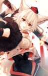 1girl animal_ear_fluff animal_ears artist_name detached_sleeves hat highres holding holding_weapon inubashiri_momiji looking_at_viewer red_eyes red_hat short_hair solo soukou_(artist) tokin_hat touhou upper_body weapon white_background white_hair wolf_ears wolf_girl 