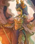  1girl antlers armor breastplate breasts bright_pupils brown_background cape cleavage closed_mouth colored_sclera colored_skin cowboy_shot cyany feathered_wings gauntlets grey_skin grey_wings hands_up highres holding holding_staff horns imuthar_(cyany) light_smile looking_at_viewer monster_girl orange_cape orange_eyes orange_gemstone original pauldrons pelvic_curtain poleyn shoulder_armor side_slit solo staff veil white_pupils wings yellow_sclera 