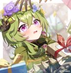  1girl artist_name black_gloves blurry blush bokeh box cape collei_(genshin_impact) commentary_request crossed_bangs depth_of_field earrings fingerless_gloves flower genshin_impact gift gift_box gloves green_cape green_hair head_wreath highres holding holding_gift jewelry kumiya letter long_hair open_mouth out_of_frame pink_eyes pink_gemstone purple_flower single_earring solo tassel tighnari_(genshin_impact) upper_body white_flower yellow_flower 
