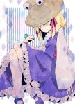  1girl animal blonde_hair frilled_skirt frills frog long_sleeves looking_at_animal medium_hair moriya_suwako shirt skirt solo touhou white_shirt wide_sleeves yellow_eyes yoruuta 