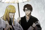  2boys aizen_sousuke bleach blonde_hair blunt_bangs brown_hair collarbone glasses hirako_shinji holding holding_umbrella japanese_clothes kaidou_j1 long_hair male_focus multiple_boys open_mouth rain short_hair sweatdrop teeth umbrella wet wet_hair wide_sleeves wringing_hair 