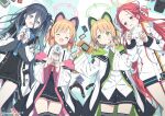  4girls :d ^_^ animal_ear_headphones animal_ears aris_(blue_archive) black_hair black_skirt blonde_hair blue_archive blue_bow blue_eyes bow braid cat_ear_headphones cat_tail closed_eyes commentary_request fake_animal_ears fake_tail game_boy game_development_department_(blue_archive) green_eyes green_halo hair_between_eyes hair_bow halo handheld_game_console headphones highres jacket kanzaki_hiro long_hair long_sleeves looking_at_another lying midori_(blue_archive) momoi_(blue_archive) multiple_girls on_back pink_halo pleated_skirt red_bow red_hair shirt short_hair skirt smile tail thighs twitter_username very_long_hair white_jacket white_shirt yellow_halo yuzu_(blue_archive) 