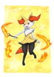  1girl absurdres animal_ear_fluff animal_ears ass_visible_through_thighs barefoot blush border braixen breasts commentary fangs fire fox_ears fox_tail full_body furry gen_6_pokemon happy highres holding leg_up light_blush looking_at_viewer navel no_pussy open_mouth outline outside_border outstretched_arm paws pokemon pokemon_(creature) red_eyes shiny shiny_skin simple_background small_breasts smile solo standing standing_on_one_leg star_(symbol) starry_background stick stomach tail thighs white_border white_outline yellow_background yuuyatails 
