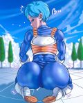  18dart1 1girl ass blue_bodysuit blue_hair blue_sky blurry blurry_background bodysuit bulma closed_mouth cloud dragon_ball english_commentary from_behind gloves huge_ass lens_flare looking_at_viewer looking_back saiyan_armor seiza sitting skin_tight sky solo tree white_footwear white_gloves 