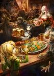  4girls 6+boys alcohol apron bare_shoulders beard beer beer_mug black_hair blonde_hair braid breasts cleavage collarbone crop_top cup eating eyes_visible_through_hair facial_hair fantasy food forehead_jewel furry furry_male green_shirt hair_over_one_eye highres holding holding_tray index_finger_raised indoors kuro_dora long_hair maid mini_person minigirl mug multiple_boys multiple_girls off-shoulder_shirt off_shoulder original pink_hair purple_eyes red_eyes shirt short_hair short_sleeves steak sword_world_2.0 table tankard tavern tray wrist_cuffs 