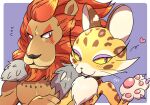  1boy 1girl animal_ears animal_hands border clawroline claws eyeshadow heart highres kirby_(series) kirby_and_the_forgotten_land leongar leopard_ears lion_ears makeup orange_fur outside_border purple_eyeshadow sweet_candy_box white_border 