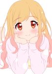  1girl absurdres aikatsu! aikatsu!_(series) barefoot blonde_hair blush chin_rest closed_mouth dot_nose gradient_hair hair_down hands_up highres hood hood_down hoodie long_hair looking_at_viewer lying multicolored_hair nijino_yume on_stomach pajamas pink_hair pink_hoodie pink_shorts red_eyes sekina shorts simple_background smile solo white_background 