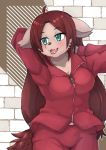  agura_(pixiv) anthro blush bottomwear breasts canid canine canis clothed clothing domestic_dog fangs female fully_clothed fur glistening glistening_hair hair ishuzoku_reviewers mammal mig_(ishuzoku_reviewers) monotone_body monotone_fur open_mouth pink_tongue red_bottomwear red_clothing red_topwear teeth tongue topwear zipper 