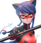  1girl animal_ears blue_hair bodysuit braid bug_noir_(character) cat_ears cat_girl green_eyes holding holding_weapon long_hair looking_at_viewer marinette_dupain-cheng mask mask_on_head miraculous_ladybug polka_dot red_bodysuit red_mask simple_background smile solo superhero_costume tomm0515 upper_body weapon white_background 