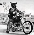 anthro clothed clothing domestic_cat felid feline felis hi_res male mammal marsminer monochrome motorcycle solo vehicle