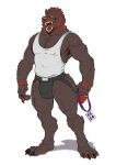 anthro badcoyote brown_body brown_fur bulge canid canine canis claws clothing fangs fur hi_res jockstrap looking_at_viewer male mammal muscular muscular_anthro muscular_male open_mouth pecs shirt simple_background solo standing tank_top teeth topwear underwear white_background wolf