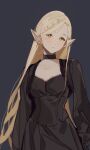  1girl absurdres black_choker black_dress blonde_hair braid choker closed_mouth dress dungeon_meshi elf frilled_dress frills grey_background hair_behind_ear head_tilt highres long_hair looking_at_viewer marcille_donato marcille_donato_(lord) pointy_ears simple_background solo standing straight-on upper_body very_long_hair yellow_eyes yi_shin_jian 
