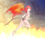  1girl 342_(artist) anklet barefoot bikini black_bikini bracelet breasts dragon_girl dragon_horns dragon_tail dragon_wings fire full_body horns jewelry looking_back midair original outdoors pointy_ears red_eyes red_hair small_breasts solo swimsuit tail wings 