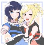  2girls :d asaka_karin blonde_hair blue_dress blue_eyes blue_hair blue_nails blunt_bangs dark_blue_hair detached_sleeves diverdiva dress hair_ornament hair_ribbon hand_on_another&#039;s_back highres idol_clothes leaning_forward looking_at_viewer love_live! love_live!_nijigasaki_high_school_idol_club miyashita_ai multiple_girls one_eye_closed open_mouth orange_eyes orange_nails otsumami_(otsu-mugi) pointing pointing_at_viewer ponytail red_dress ribbon short_sleeves sidelocks sketch smile swept_bangs upper_body 