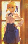  1girl ahoge artoria_pendragon_(all) bangs black_legwear blonde_hair blue_neckwear blue_ribbon blue_skirt braid closed_mouth collared_shirt crown_braid door dress_shirt eyebrows_visible_through_hair fate/stay_night fate_(series) green_eyes hair_bun hair_ribbon hand_on_hip long_sleeves looking_at_viewer pantyhose ribbon saber shirt sidelocks skirt smile standing white_shirt xleontan 