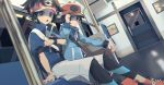  2boys :o baseball_cap brown_hair closed_mouth hand_on_headwear hat highres hilbert_(pokemon) holding holding_poke_ball jacket leggings long_sleeves looking_at_viewer male_focus moji_(ld_ipx) multiple_boys nate_(pokemon) open_mouth pants poke_ball poke_ball_(basic) pokemon pokemon_(game) pokemon_bw pokemon_bw2 pole red_headwear shoes short_sleeves sitting symbol_commentary tongue train_interior visor_cap zipper_pull_tab 
