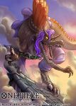  alternate_form claws commentary_request copyright_name dinosaur dinosaur_horns hair_between_eyes horns kuroda_asaki long_hair looking_at_viewer no_humans official_art on_roof one_piece open_mouth page_one_(one_piece) pants purple_hair rooftop sharp_teeth smoke solo sunset teeth 