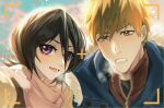  1boy 1girl black_hair bleach blurry blurry_background breath brown_eyes cloud fur-trimmed_jacket fur_trim hair_between_eyes highres jacket kuchiki_rukia kurosaki_ichigo looking_at_viewer open_mouth orange_eyes outdoors purple_eyes scarf selfie sky smile takenokoqvq viewfinder zipper zipper_pull_tab 