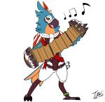  2020 absurd_res accordion alpha_channel anthro avian beak blue_body breath_of_the_wild brown_eyes front_view hi_res kass_(tloz) male musical_instrument musical_note nintendo open_mouth playing_music prate rito signature simple_background solo standing the_legend_of_zelda transparent_background video_games 
