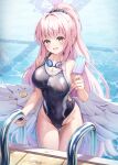  1girl absurdres angel_wings bare_arms bare_legs bare_shoulders black_one-piece_swimsuit blue_archive blush bnari cowboy_shot crescent crescent_pin feathered_wings fingernails food halo highres holding holding_food long_hair mika_(blue_archive) one-piece_swimsuit open_mouth pink_hair pink_halo pool popsicle smile solo swimsuit wet wet_clothes wet_swimsuit white_wings wings yellow_eyes 