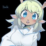  1girl animal_ears animal_nose antlers black_background blonde_hair blush breasts character_name dark-skinned_female dark_skin deer_ears deer_girl deltarune freckles hair_flaps hand_out_of_frame hood hood_down hoodie horns komugiko_(bitte_komu) long_sleeves looking_at_viewer lowres medium_hair noelle_holiday open_mouth outline reindeer_antlers sidelocks solo teeth upper_body upper_teeth_only white_hoodie white_outline wide-eyed 