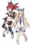  2girls angel angel_wings bat_wings blonde_hair blue_eyes boots bow choker demon_girl demon_tail demon_wings detached_sleeves disgaea earrings elbow_gloves etna_(disgaea) feathered_wings flat_chest flonne full_body gloves jewelry legs long_hair looking_at_viewer makai_senki_disgaea mini_wings multiple_girls navel o-ring o-ring_choker o-ring_collar pointy_ears red_eyes red_hair red_tail red_wings ribbon skirt skull_earrings smile tail thighhighs twintails white_background wings yeh 