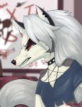  2019 absurd_res angry anthro canid canid_demon collar demon ear_piercing eyelashes female fiery-vulpes fur grey_body grey_fur hair half-closed_eyes hellhound helluva_boss hi_res loona_(vivzmind) mammal narrowed_eyes notched_ear piercing red_sclera sharp_teeth signature spiked_collar spikes teeth white_body white_fur white_hair 