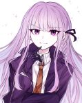  1girl black_ribbon braid closed_mouth collared_shirt danganronpa:_trigger_happy_havoc danganronpa_(series) hair_ribbon hand_up highres jacket kirigiri_kyoko long_hair long_sleeves necktie ni_yomu open_clothes open_jacket orange_necktie pink_hair purple_jacket ribbon shirt side_braid smile solo sparkle upper_body white_background white_shirt 