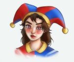  1girl absurdres blue_eyes blush_stickers brown_hair commentary expressionless hat highres jester_cap kirtome medium_hair pomni_(the_amazing_digital_circus) portrait red_eyes red_lips solo the_amazing_digital_circus thick_eyebrows two-tone_eyes 