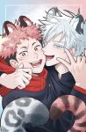  247_dowisdom 2boys animal_ears biting blue_eyes border cheek_biting gojou_satoru itadori_yuuji jujutsu_kaisen jujutsu_tech_uniform looking_at_viewer male_focus multiple_boys orange_eyes pink_hair red_hood sharp_teeth single_arm_hug snow_leopard_ears snow_leopard_tail tail teeth tiger_ears tiger_tail upper_body white_border white_hair 