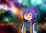  1girl armor blue_eyes character_request japanese_armor japanese_clothes long_hair motimamire nebula no_nose open_mouth photo_background ponytail purple_hair sekaiju_no_meikyuu solo tassel upper_body 