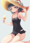 1girl absurdres arare_(kantai_collection) bangs black_hair black_swimsuit blunt_bangs brown_eyes casual_one-piece_swimsuit collarbone commentary_request eyebrows_visible_through_hair flat_chest food grey_background hat highres ice_cream kantai_collection looking_at_viewer makura_(user_jpmm5733) one-piece_swimsuit short_hair simple_background sitting soft_serve solo straw_hat sun_hat swimsuit swimsuit_skirt wariza 