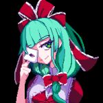  1girl black_background blunt_bangs bow brodall_pixel frilled_bow frilled_ribbon frills front_ponytail green_eyes green_hair hair_bow hair_ribbon kagiyama_hina looking_at_viewer pixel_art red_bow red_ribbon ribbon smile solo touhou 