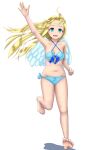  1girl barefoot bikini blonde_hair blue_bikini blue_eyes breasts commentary_request filo_(tate_no_yuusha_no_nariagari) highres long_hair momoreport running simple_background small_breasts smile solo swimsuit tate_no_yuusha_no_nariagari white_background wings 