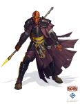  1boy absurdres alien armor artist_name belt boots breastplate claws clenched_teeth colored_skin copyright_name davidkegg energy_sword full_body highres holding holding_staff lightsaber logo morgukai orange_skin pauldrons purple_robe robe sash shoulder_armor simple_background solo staff star_wars star_wars:_edge_of_the_empire sword teeth vambraces waist_sash weapon white_background yellow_sash 