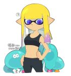  1girl ? bike_shorts blonde_hair blue_eyes blunt_bangs breasts domino_mask hands_on_own_hips highres inkling_girl inkling_player_character kiirono long_hair mask medium_breasts navel pointy_ears sidelocks simple_background splatoon_(series) spoken_question_mark sports_bra tentacle_hair white_background 