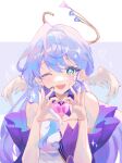  1girl ;d absurdres aqua_eyes colored_eyelashes detached_sleeves dress feathered_wings green_eyes halo happy head_wings heart heart_hands highres honkai:_star_rail honkai_(series) long_hair microphone one_eye_closed open_mouth purple_dress purple_hair purple_sleeves rain_marginals_(rainymi) robin_(honkai:_star_rail) smile sparkling_eyes white_dress wings 