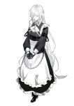  1girl absurdres apron bridge_piercing chain closed_mouth commentary_request dress full_body gloves greyscale half_updo high_heels highres long_hair long_sleeves maid maid_apron monochrome nose_piercing nox_(path_to_nowhere) path_to_nowhere piercing solo toho10min 