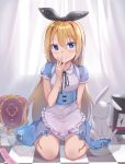  1girl ace_of_spades alice_(wonderland) alice_in_wonderland animal apron bangs black_headwear black_ribbon blonde_hair blue_dress blue_eyes blush bunny card checkered checkered_floor closed_mouth commentary_request crown curtains dress drink_me eyebrows_visible_through_hair frilled_apron frilled_sleeves frills hair_between_eyes hair_ribbon hand_to_own_mouth hand_up hat highres long_hair looking_at_viewer newey playing_card ribbon see-through short_sleeves sitting smile solo spade_(shape) top_hat transparent very_long_hair waist_apron wariza white_apron window 