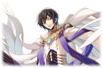  1boy artist_request black_hair blue_gemstone brooch coat code_geass code_geass:_lost_stories cropped_torso game_cg gem half-closed_eyes happy highres jewelry lelouch_vi_britannia long_sleeves looking_at_viewer male_focus non-web_source official_art parted_lips purple_eyes short_hair sidelocks simple_background smile solo standing teeth transparent_background upper_body white_coat 