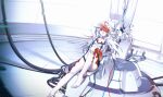  1girl ai_the_somnium_files aiba_(ai_the_somnium_files) cable erotatsu feet hand_on_own_face highres leotard long_hair lying machinery multicolored_hair on_back red_eyes streaked_hair wire 